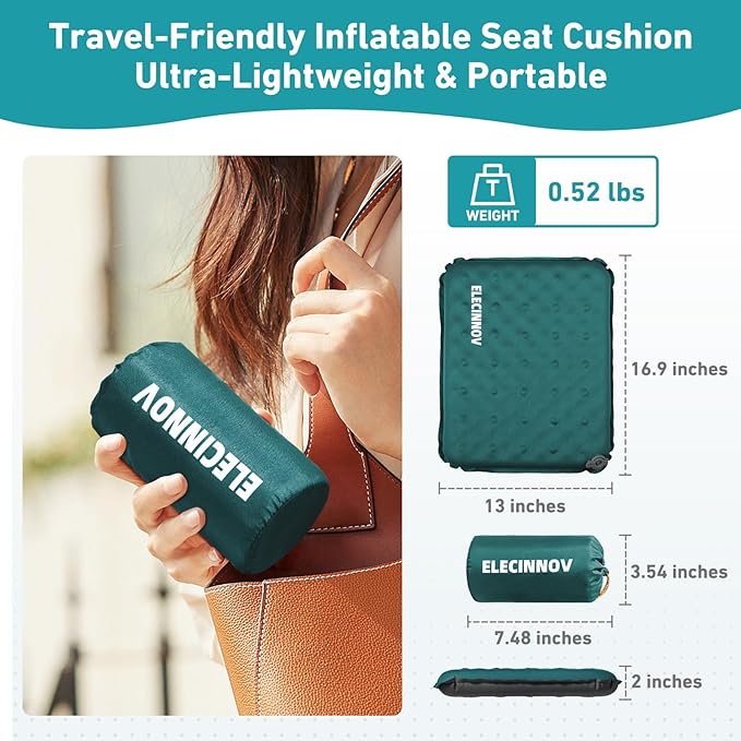 Inflatable Seat Cushion, Self Inflating Memory Foam Stadium Seat Cushion Lightweight Camping Chair Pad Airplane Cushion for Long Flights Outdoor Travel Bleacher Office Car Backpacking (Blue)