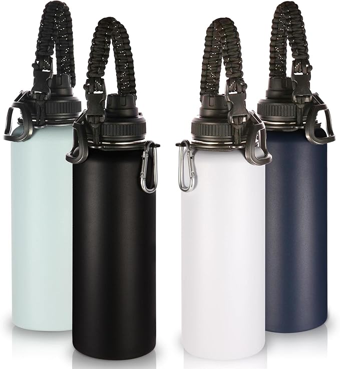 Volhoply Insulated Water Bottles Bulk 4 Pack, 40 oz Stainless Steel Sports Bottle with Paracord Handle & Spout Lid, Double Walled Vacuum Water Cups with Wide Mouth, Reusable Waterbottle(Mix,4 Set)