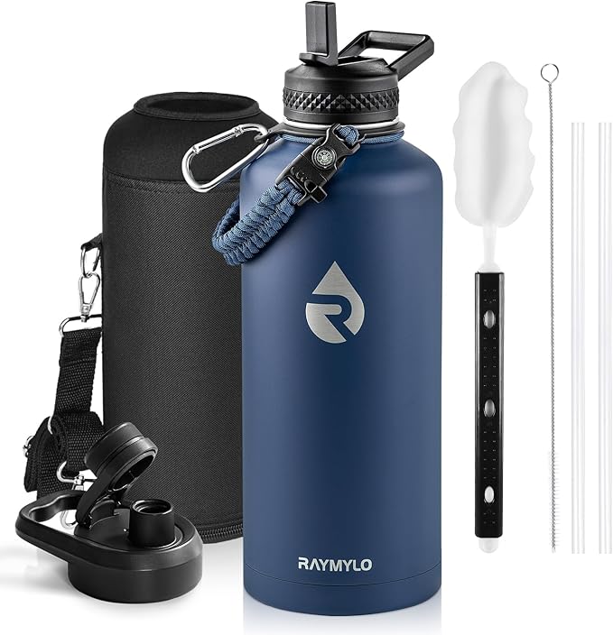 Insulated Water Bottle 87 oz, Triple Wall Vacuum Stainless Steel (Cold for 48 Hrs), Leak Proof & Non-BPA, Modern Water Flask Jug with Paracord Handle & Straw Spout Lids, Navy Blue