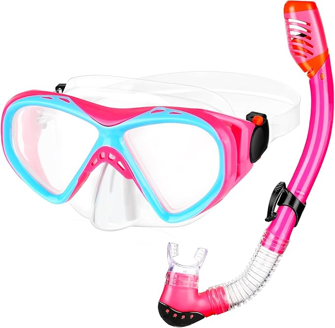 Kids Snorkel Set Dry Top Snorkeling Gear for Kids Boys Girls Youth Junior Age 5-15, Anti-Fog Anti-Leak Snorkel Mask Scuba Diving Mask Swimming Goggles with Nose Cover