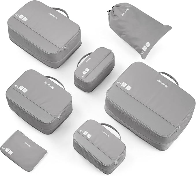 Compression Packing Cubes (Pack of 7), Expandable Luggage Organizer Bags, Hanke Packing Cubes for Travel, Double Zipper Durable Travel Packing Organizers for Suitcase Backpack and Carry-On