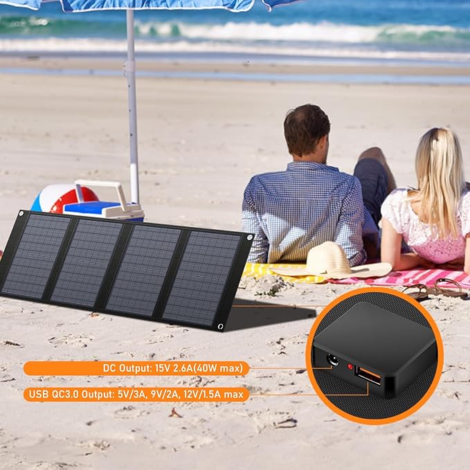 40 Watt Portable Solar Panel for 100W~200W Portable Power Station, Foldable Solar Charger with 12-15V DC Output (11 Connectors) and Adjustable Kickstand,USB QC3.0 Port for Camping Hiking Van RV Trip