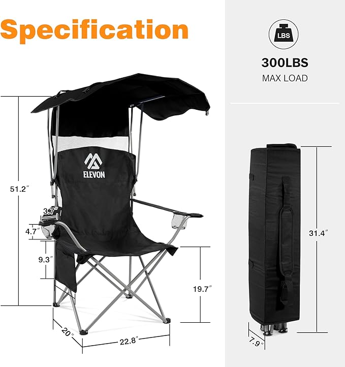 Camping Chair, Oversized Folding Chair with Canopy, Portable Outdoor Chair with Arms, Cup Holder and Carry Bag for Camping, Fishing, Beach, and Sports, Graphite