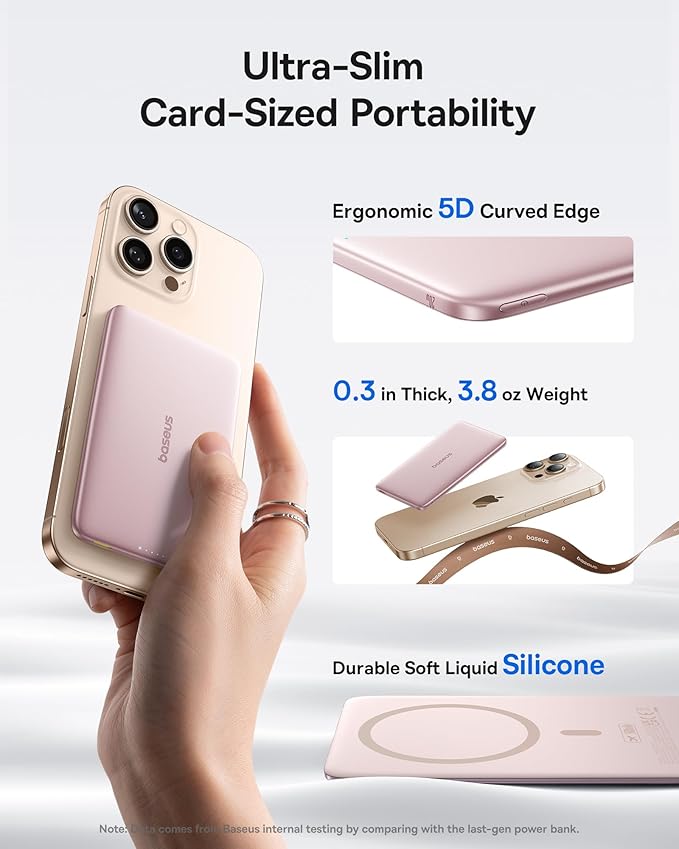 Baseus Picogo Power Bank, 0.3" Ultra Slim 5000mAh MagSafe Portable Charger, Card-Size Magnetic Battery Pack with USB-C Braided Cable, Alloy Wireless Charger for iPhone 17 Pro Max/17 Air/16/15/14/13/12