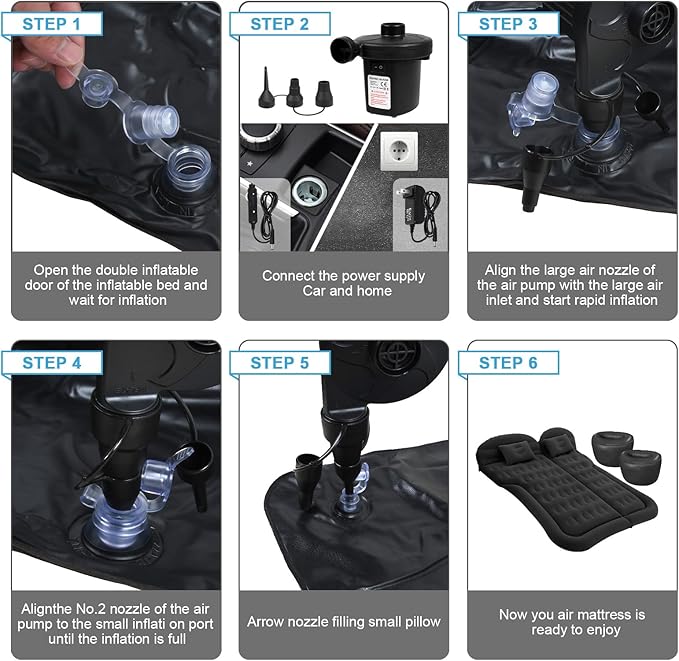 ISWEES Car Bed SUV Air Mattress, Car Air Mattress with Home Power Adapter, Electric Pump, 2 Inflatable Pillows and 2 Footrests for Back Seat, Side Seat,Trunk Sleeping, Thickened Camping Bed - Black