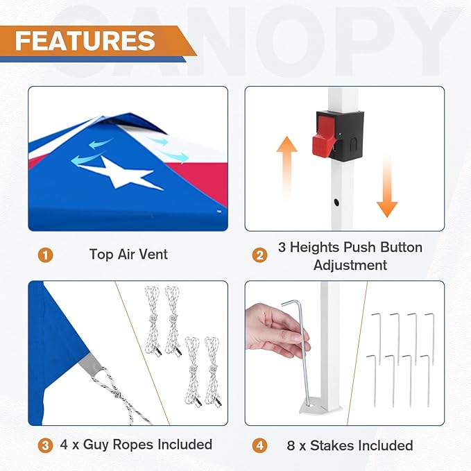 EAGLE PEAK Pop Up Canopy Tent with 1 Sidewall, Easy Setup Event Tent, Outdoor Sun Shade, Wheeled Carry Bag, Stakes and Guy Ropes, Instant Canopy 10x10, Tex Flag