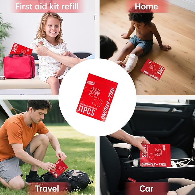 11Pcs First Aid Kit Refill - Assorted Gauze Pads & Bandages for Home, Outdoor Cuts, Scrapes Replenish Pack