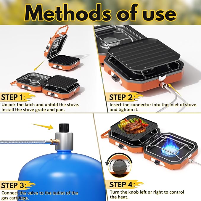 Adjustable 2 Burner Popane Stove with 16000 BTU, Flameout Protection, with Camping Grill and Carrying Bag, Portable Camping Stove for Camping, Backyard BBQ,Tailgating (Orange)