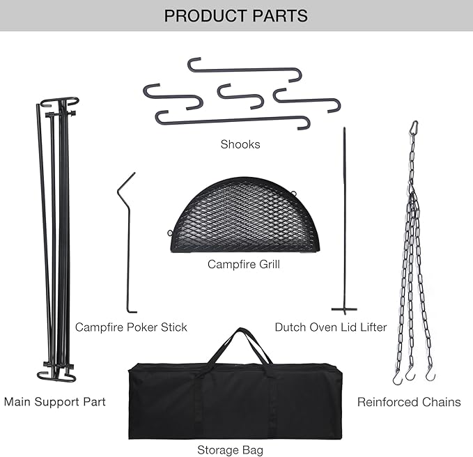 REDCAMP Swing Campfire Grill Stand - Collapsible Campfire Cooking Rack with 6 Hooks & Iron Grill Grate, Portable Dutch Oven Hanger for Outdoor Camping, Cookware, Bonfire, Round