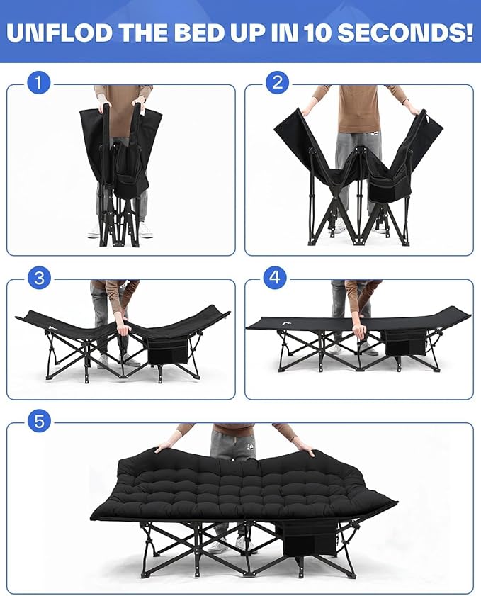 Sportneer Camping Cots for Adults: 1200D Double Layer Oxford Camping Cot with 2 Side Pockets - Heavy-Duty Comfort Cot Bed for Camping Travel Tent Day Outdoor & Home Guest, Ease of Setup