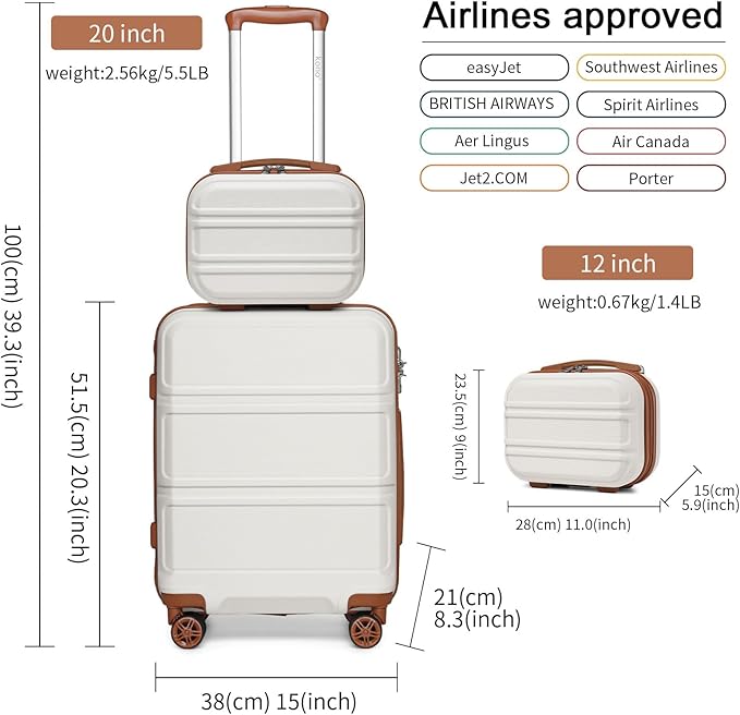 Kono Carry On Luggage Set Lightweight Airline Approved Carry On Suitcase with TSA Lock Spinner Wheels Durable Luggage Hardside Cream White