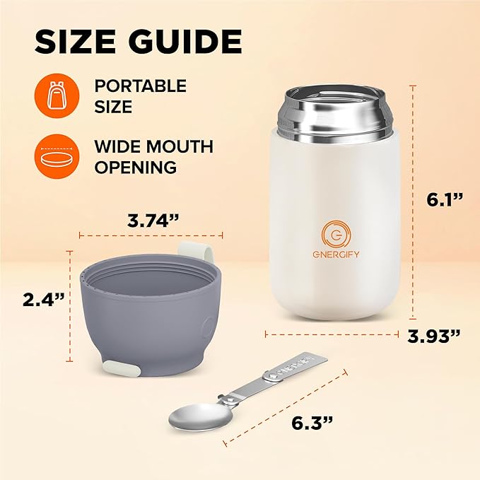 ENERGIFY Vacuum Insulated Food Jar. Large 24oz Bowl incl. Folding Spoon, Cup. Wide Mouth Keep Hot & Cold Drinks Soup Lunch Container for Adults. BPA-Free Stainless Steel, Leak Proof, Cream