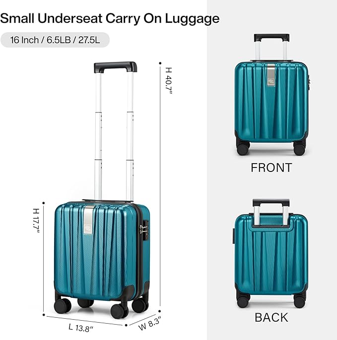Hanke 16 Inch Underseat Carry on Suitcases with Wheels,Lightweight Hard Shell Carry on Luggage with Wheels for Weekender,Travel Approved Small Suitcase,Travel Luggage for Womem Men,Caribbean Blue.