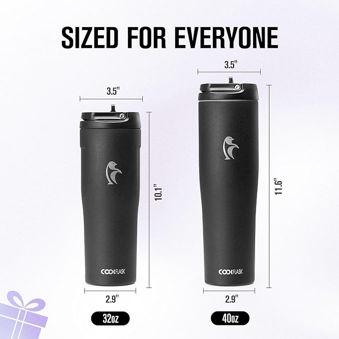 Coolflask Water Bottle 40 oz Fits Car Cup Holder, Slim Tumbler Stainless Steel with Straw & Handle, Vacuum Flask Leakproof Wide Mouth for Travel Sports Gym, Black