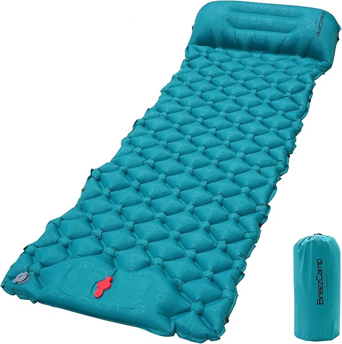 Camping Sleeping Pad, Ultralight Inflatable Mattress with Pillow Built-in Foot Pump for Outdoor Hiking Travel Tent Backpacking Trip Car, Compact Lightweight Camping Mat, Peacock Blue