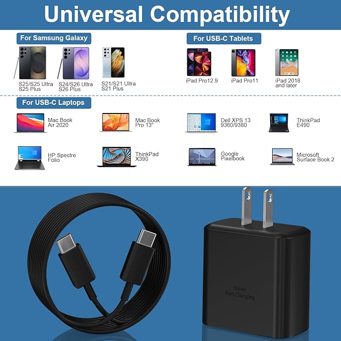 Type C Charger Fast Charging, 45W USB-C Super Fast Type C Wall Charger for Samsung Galaxy S26 S25 S24 S23 Ultra/S26 S25 S24 S23 S22 S21S20/Note 10/20, PPS Android Charger Block with 8FT Cable-Black