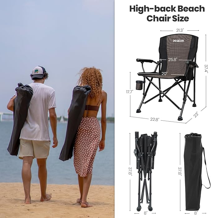 XGEAR Camping Chair Hard Arm High Back Lawn Chair Heavy Duty with Cup Holder, for Camp, Fishing, Hiking, Outdoor, Carry Bag Included