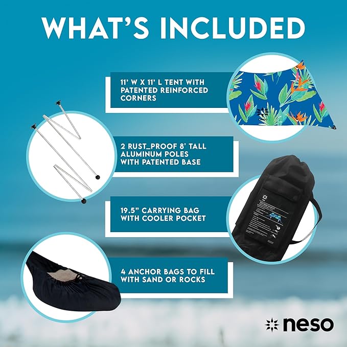 Neso Gigante - Portable Beach Tent - Ideal to Enjoy with Family and Friends - UPF 50+, Water-Resistant, and Lightweight - Tropical Floral, 11' x 11'