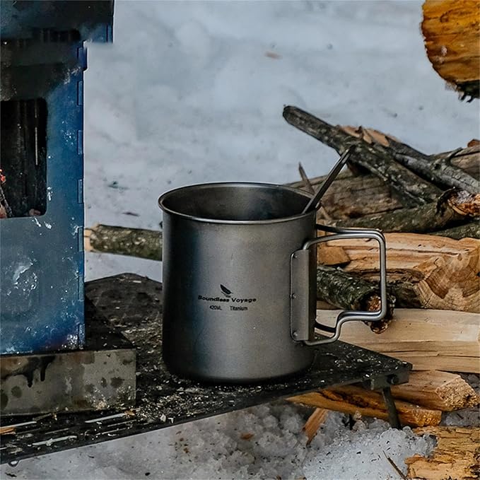 Titanium Coffee Mug Titanium Pots Titanium Cup with Foldable Handle Outdoor Camping Water Mug Tableware 14.3oz/420ml Ti1518B