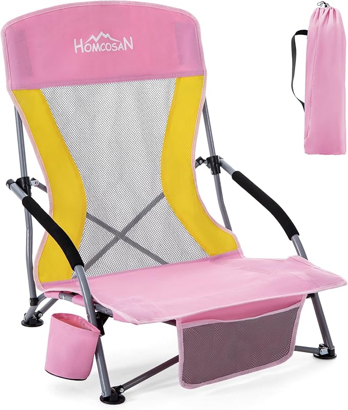 Homcosan Portable Low Folding Beach Chair - Lightweight Camping Chair for Adults with Cup Holder & Storage Pocket, Carry Bag Included (Pink & Yellow)