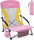 Homcosan Portable Low Folding Beach Chair - Lightweight Camping Chair for Adults with Cup Holder & Storage Pocket, Carry Bag Included (Pink & Yellow)