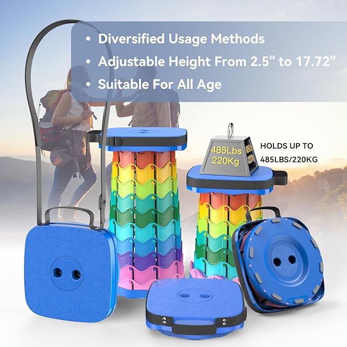 Upgraded Collapsible Stool, Portable Folding Stool, Telescoping Camping Chair with Max Load Capacity 485lbs, Square Retractable Stool for Camping Gardening Fishing Hiking BBQ [Rainbow+Blue]