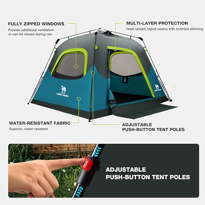 CAMEL CROWN Instant Tents for Camping 4-6 Person Tent Waterproof Easy Setup Sets Up in 60 Seconds Backpacking Tents with Carry Bag for Outdoor Hiking