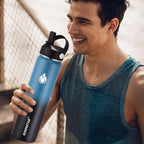 SENDESTAR Insulated Water Bottle 24 oz, Double Wall Vacuum Leak Proof Stainless Steel Sports Water Bottle—Wide Mouth with New Flex Straw Lid & Spout Lid (Deep Blue&Black)