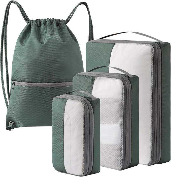 4 Set Compression Packing Cubes for Travel, Bonus Versatile Drawstring Backpack, Lightweight Luggage Organizer Bags, Sturdy Travel Accessories for Suitcase, Dark Green