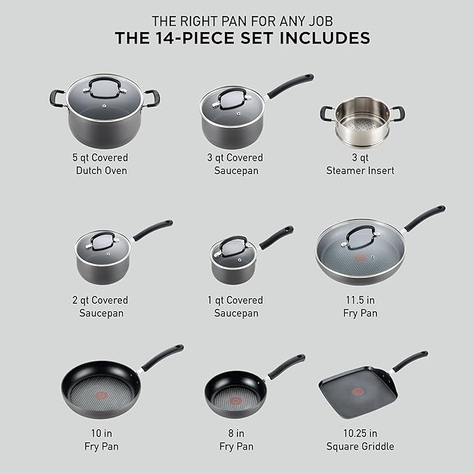 T-fal Ultimate Hard Anodized Nonstick Cookware Set 14 Piece, Oven Broiler Safe 400F, Lid Safe 350F, Kitchen Cooking Set w/Fry Pans, Saucepans, Griddle, Dutch Oven, Pots & Pans, Dishwasher Safe, Black