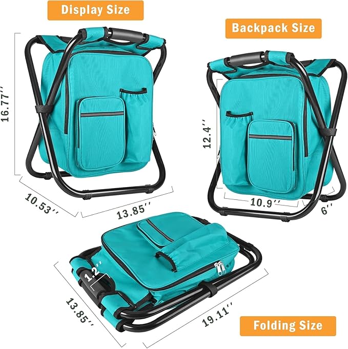 Kikerike Backpack Stool Cooler Chair Heavy Duty 400 LBS Max Load Portable Lightweight Stool Backpack Folding Fishing Cooler Seat for Camping Hunting Fishing - Blue-Green