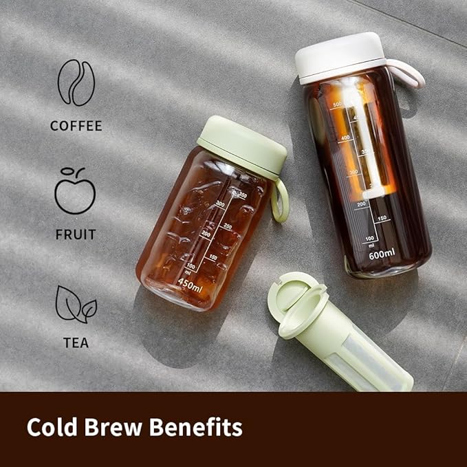 watchget Cold Brew Coffee Maker Travel Tumbler with Soft Silicone Handle Portable Iced Coffee & Tea Infuser with Airtight Lid Cold Brew Travel Cup 15oz/450ml Green