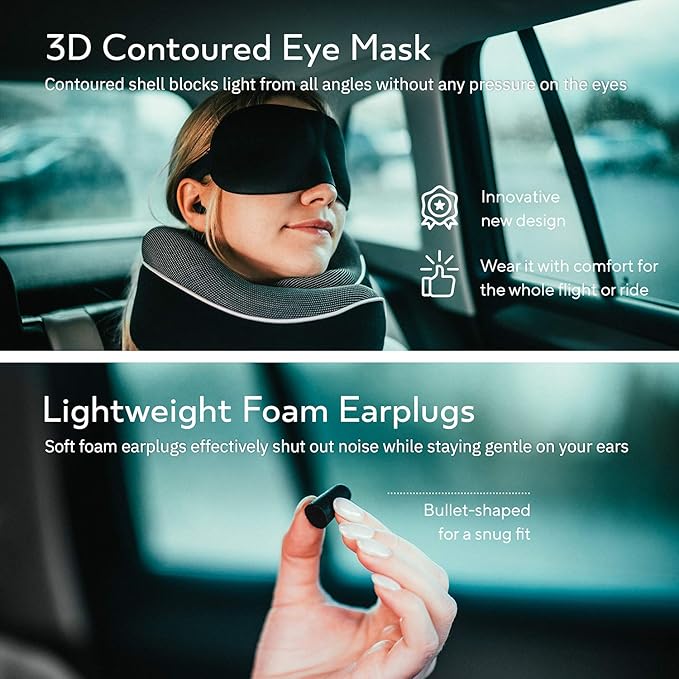 Orthopedic Neck Pillow, Travel Neck Pillows for Airplanes, Memory Foam Kit, 360° Head Support, Airplane Pillow Set with 3D Contoured Eye Masks, Earplugs, and Luxury Mesh Bag (Black)