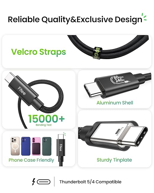 Fitee Thunderbolt 5 Cable 5FT Compatible, 80Gbps USB4 Cable, PD3.1 240W Charging, 120Gbps Video Bandwidth, 16K/Dual 8K, Braided USB C Video Cables for iPhone 16, MacBook Pro, Mac mini, PSSD, Display