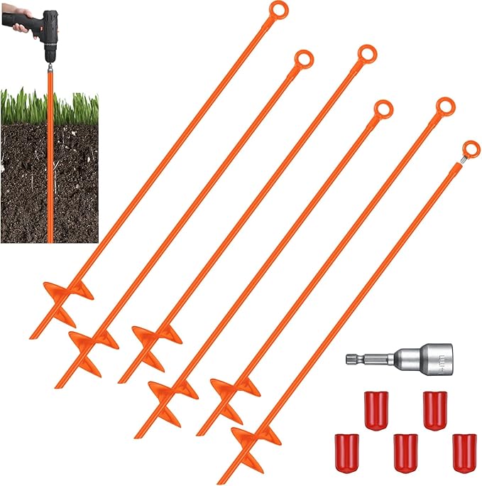 Lasnten 6 Pcs 30 Inch Heavy Duty Ground Anchor Spiral Blade Earth Anchor Kit Metal Anchor Hook Beach Sand Stakes Camping for Securing Animals, Shelters, Tents, Canopies (Orange)