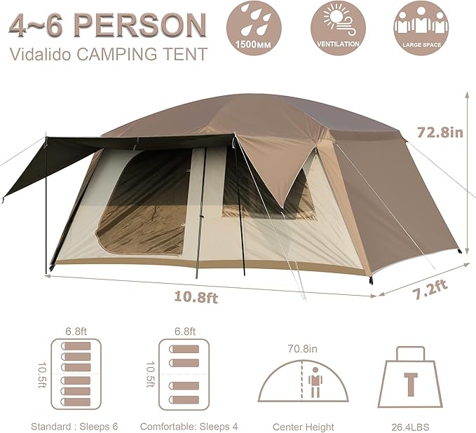 Vidalido 4-6 Person Camping Tent with 3 Door 2 Room Large Family Cabin Tents, Double Layer Waterproof Portable Glamping Tent, Big Tents for Outdoor Camping Hiking and Backpacking