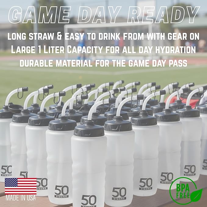 50 Strong 1 Liter Water Bottle with Straw – 18-Pack Easy-Squeeze Sports Bottles with Long Straw & Built-In Finger Grip – BPA-Free & Made in USA – Ideal for Hockey & Team Sports