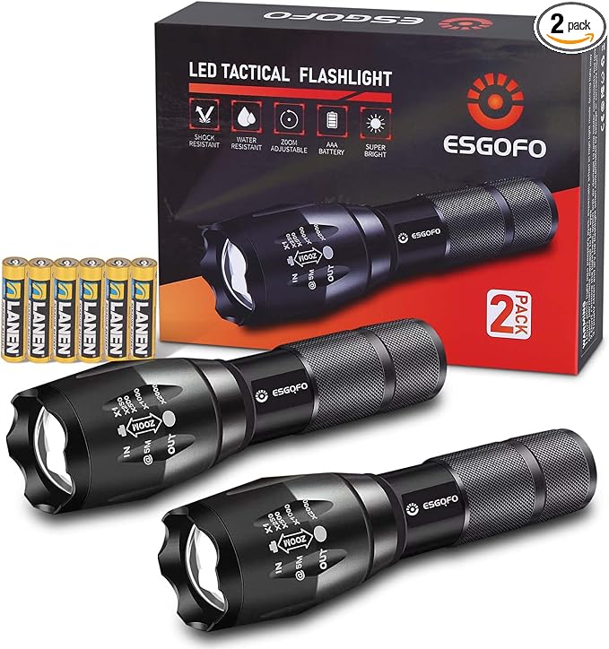 Esgofo LED Flashlights 2 Pack Bright Powerful EDC Handheld Flash Lights, High Lumens Pocket Linterna, 5 Modes, Waterproof, for Gift Survival Emergency Camping