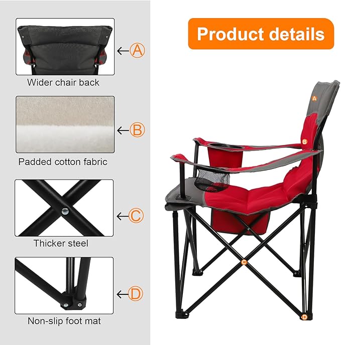 Northroad Foldable Camping Chair Heavy-Duty Outdoor Folding Chair Support Up to 300lbs for Hiking, Picnics, Patio, Beach, Fishing (Red)