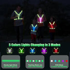 LED Reflective Vest Running Gear, 5 Colors Lights Up Running Vest for Night Walking Cycling Jogging, Adjustable Size for Men Women Kids, Rechargeable and High Visible