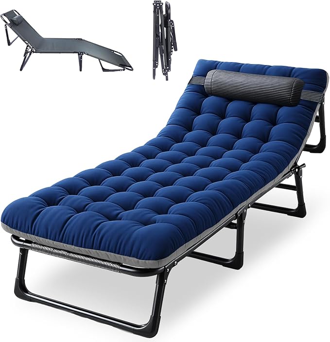 Oxford and Steel Frame 4-Angle Adjustable Foldable Bed Folding Camping Cot Bed with Extra Wide Padded Mattress Support for Adults Outdoor Travel Tent Use(Blue&Gray Mattress,L - 75 * 26'')