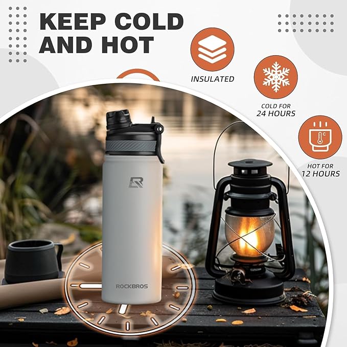 ROCKBROS Insulated Water Bottle with Straw, Stainless Steel Sports Water Cup Flask Leak Proof with Handle Keep Warm and Cold for Hiking, Cycling, Bike Travel, School Sports, Gym