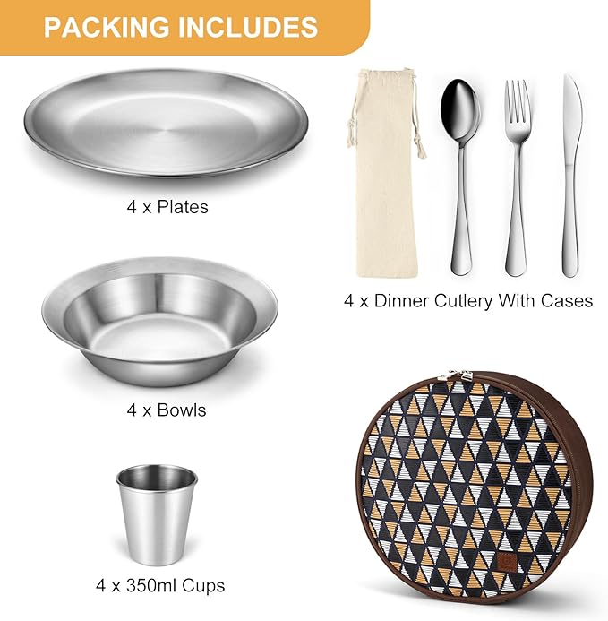 Odoland Stainless Steel Camping Mess Kit for Family & Person, Cooking Tableware Utensils with Plates Bowls Forks Spoons Knives & Savings Bag for Camping, Backpacking, Hiking, Picnic