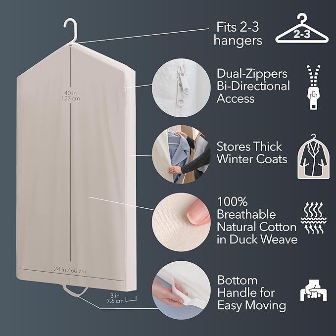 Luxury Cotton Garment Storage Bags, Medium and Large, Breathable Washable Reusable, for Hanging Clothes, Dresses, Jackets, Suits, Fits 3 Hangers, Zipper Window (2, 24x40 and 24x50)
