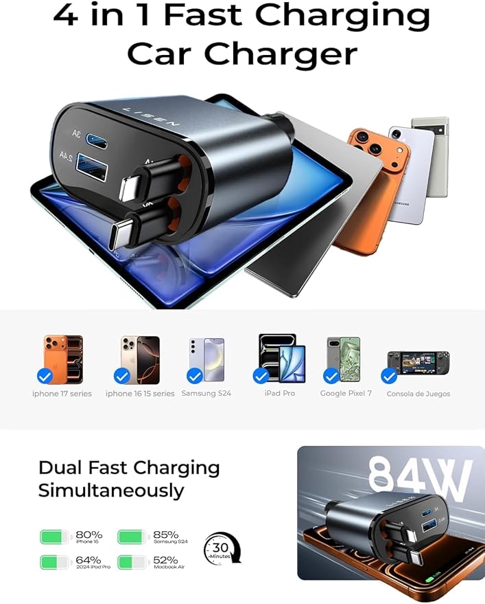 LISEN Retractable Car Charger, Gifts for Men Women, 84W Car Adapter USB C Fast Charger for iPhone, Travel Essentials Car Accessories for Men Women Gifts for iPhone 17 16 15 14 13 12 11 X Samsung S26