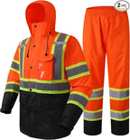 JKSafety Hi-Vis Reflective Safety Rain Jacket and Pants for Men Women Waterproof Rain Gears for Farming Fishing Work HV Rain Suit with Inner Mesh Lining and Pockets (117-Orange M)