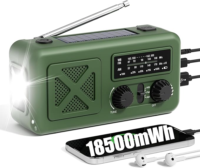 Emergency Radio Hand Crank Solar, 5000mAh/18500mWh Emergency Weather Radio, Hand Crank Solar Radios with NOAA/AM/FM, Cell Phone Charger, Headphone Jack, Flashlight for Indoor Outdoor