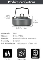 CAMPINGMOON 0.8L Camping Kettle Coffee Tea Pot Portable Ultra-Light S800