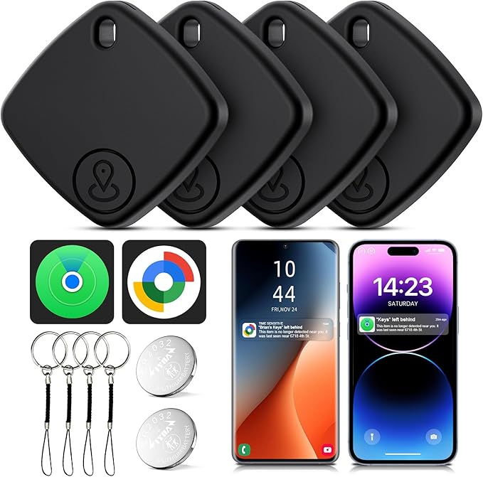 Air Tracker for Android or iOS, 4 Pack Dual System Android Smart Tracker Tags Compatible with iOS Find My or Google Find Hub App, Bluetooth Tracker Key Locator with Sound for Luggage, Bags,Wallet