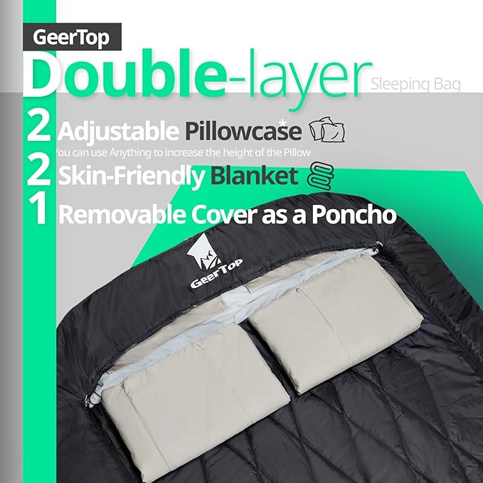 GEERTOP Comfort Doublewide Sleeping Bag with Blanket Queen Size Two Person Sleeping Bag for Adults, Couples & Family Camping